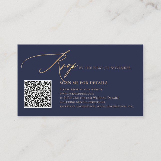 Tarjeta De Recepción Código QR Azul ArtsApp RSVP Caligrafía Dorada Fals (Anverso)