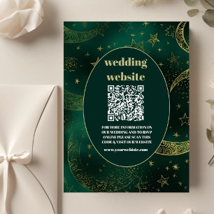 Tarjeta De Recepción código qr Boda celeste de oro verde esmeralda