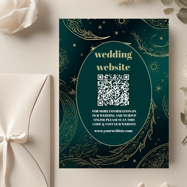 Tarjeta De Recepción código qr Boda celeste de oro verde esmeralda (Subido por el creador)