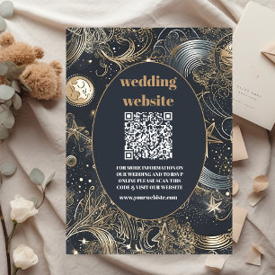 Tarjeta De Recepción código qr Boda Celestial Elegante Plata Dorada