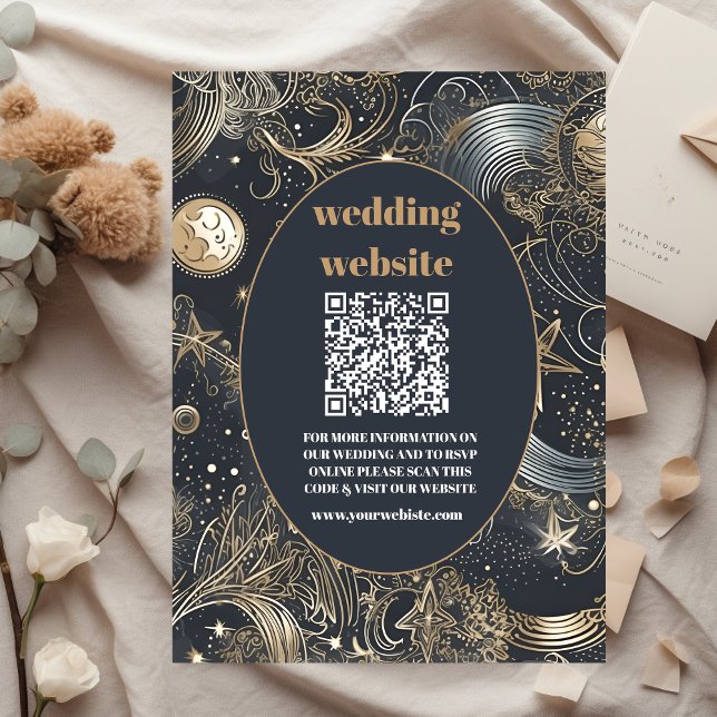 Tarjeta De Recepción código qr Boda Celestial Elegante Plata Dorada (Subido por el creador)