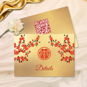 Tarjeta De Recepción Código QR Boda chino del Oro Rojo de flores de c