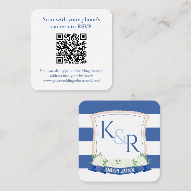 Tarjeta De Recepción Código QR Boda Costera Azul Y Escudo Blanco RSVP (Anverso / Reverso)