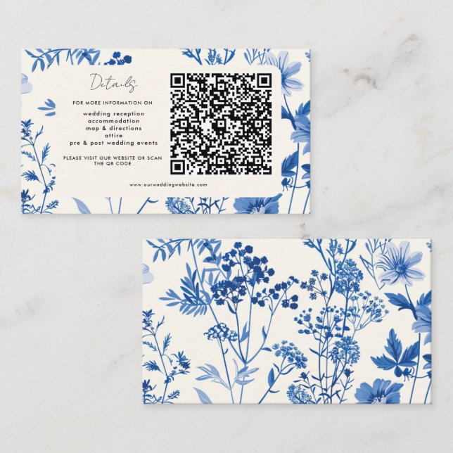 Tarjeta De Recepción Código QR Boda de Flor Silvestre Rustic Blue (Anverso / Reverso)
