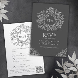 Tarjeta De Recepción Código QR boda de hoja dibujada en gris oscuro