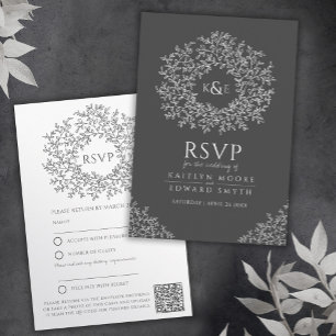 Tarjeta De Recepción Código QR boda de hoja dibujada en gris oscuro