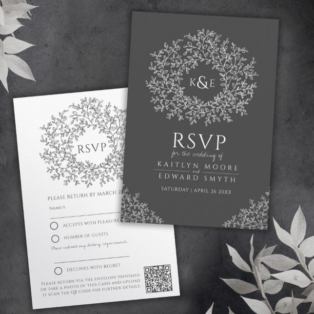 Tarjeta De Recepción Código QR boda de hoja dibujada en gris oscuro (Subido por el creador)