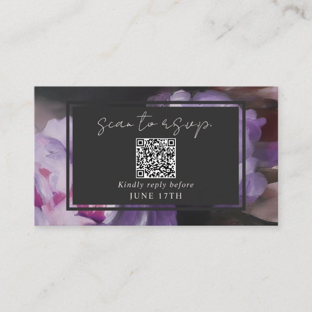 Tarjeta De Recepción Código QR Boda Dramática RSVP Gris Floral Púrpura (Anverso)