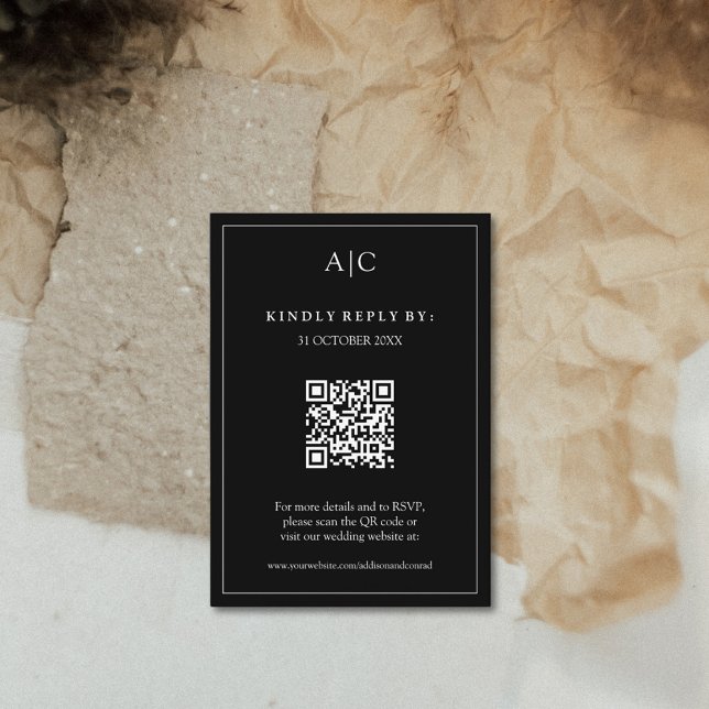 Tarjeta De Recepción Código QR Boda en Monograma Negro RSVP (Subido por el creador)