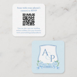 Tarjeta De Recepción Código QR Boda Escudo Monograma Azul Y Blanco RSVP