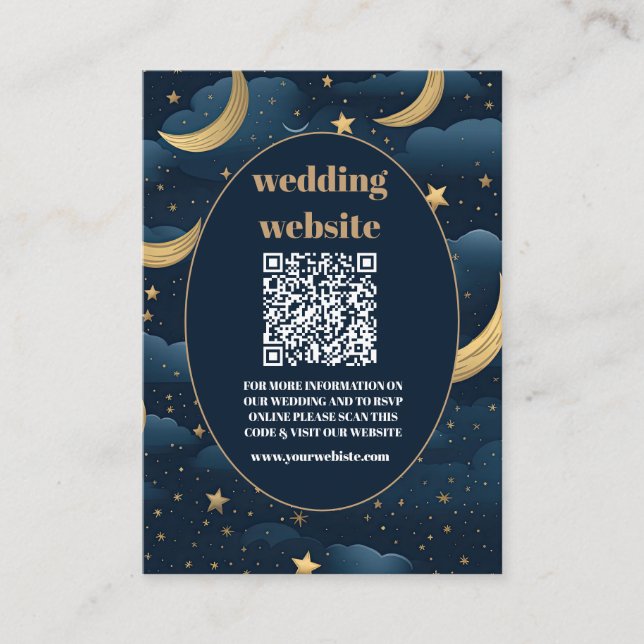 Tarjeta De Recepción código qr Boda Estrellas Luna Azul Medianoche Cele (Anverso)