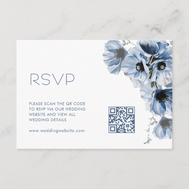 Tarjeta De Recepción Código QR |  Boda floral azul (Anverso)