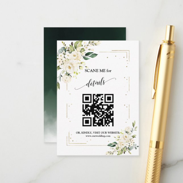 Tarjeta De Recepción Código QR Boda Floral Blanco Oro (Anverso/Reverso In Situ)