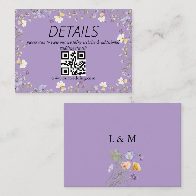 Tarjeta De Recepción Código QR Boda floral Purple Wildflower Summer (Anverso / Reverso)