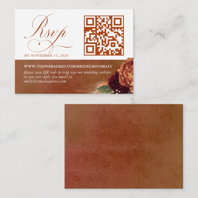 Tarjeta De Recepción Código QR Boda Floral Terracotta RSVP (Anverso / Reverso)