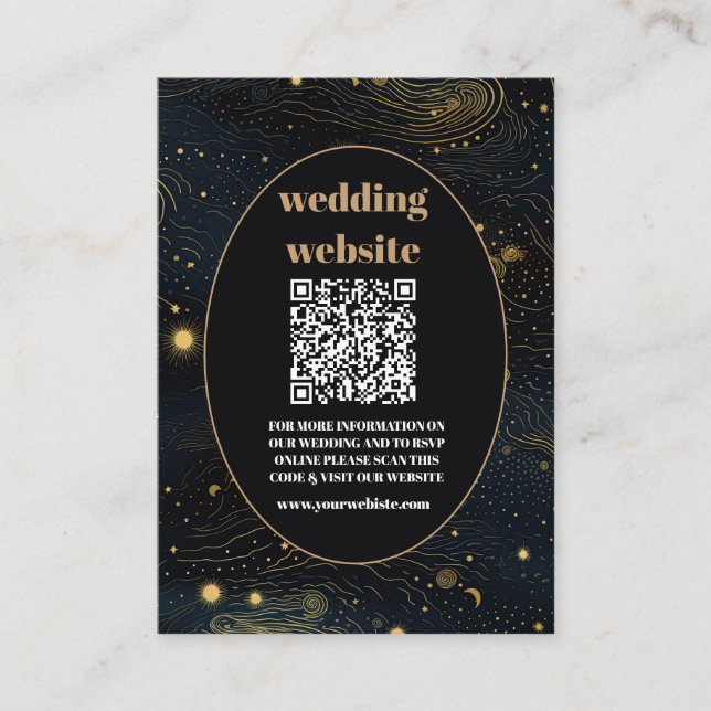 Tarjeta De Recepción código qr Boda Luna Creciente Celestial Dorada (Anverso)
