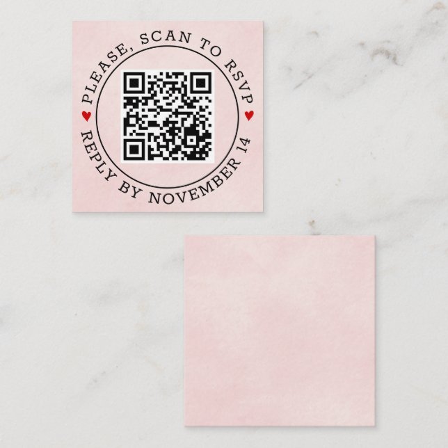 Tarjeta De Recepción Código QR boda rosa suave con borde RSVP manchado (Anverso / Reverso)