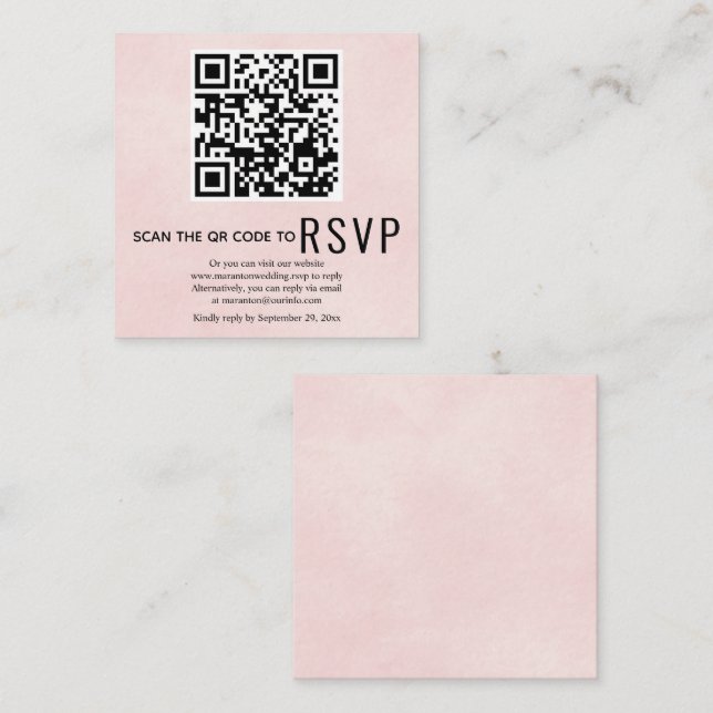 Tarjeta De Recepción Código QR boda rosa suave con confirmación RSVP (Anverso / Reverso)