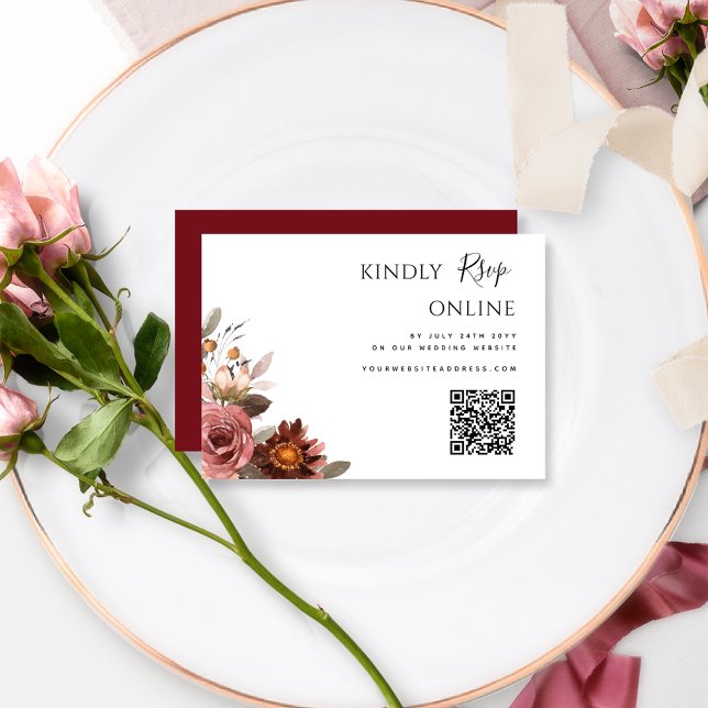 Tarjeta De Recepción Código QR Boda RSVP Borgoña en línea y Rubor (Subido por el creador)