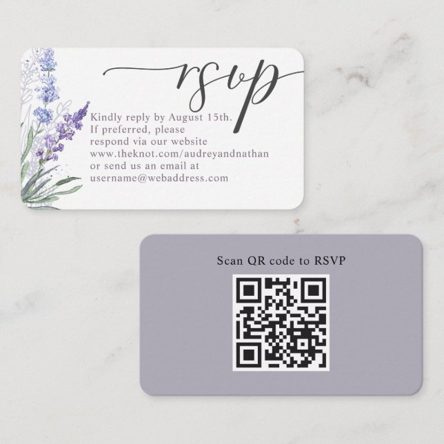 Tarjeta De Recepción Código QR Boda RSVP Lavanda elegante (Anverso / Reverso)