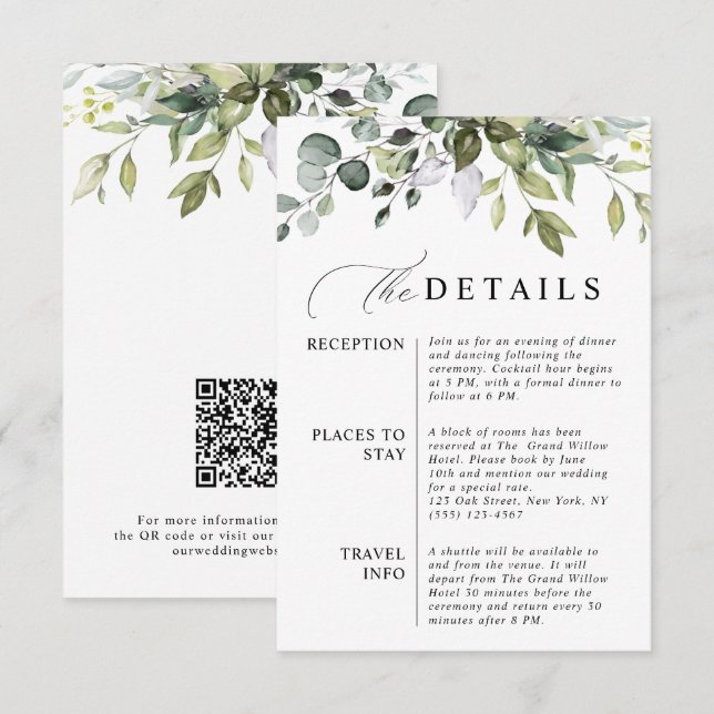 Tarjeta De Recepción Código QR Botánico de Boda de Eucalipto Elegante (Anverso / Reverso)