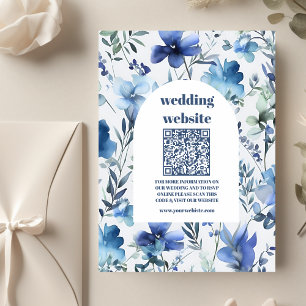 Tarjeta De Recepción código qr color azul acuarela Boda de flores silve