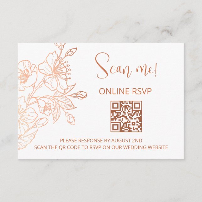 Tarjeta De Recepción Código QR de Boda blanco de cobre RSVP en línea (Anverso)