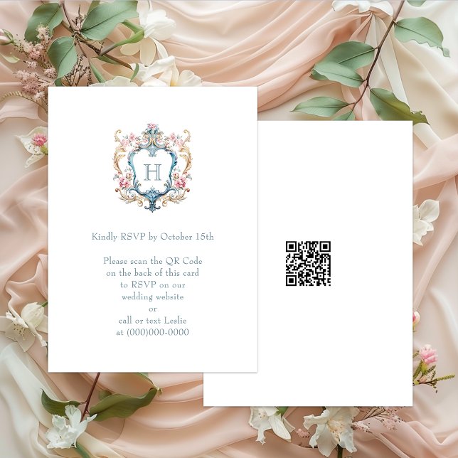 Tarjeta De Recepción Código QR de Boda con Escudo Floral Monogramado Vi (Subido por el creador)