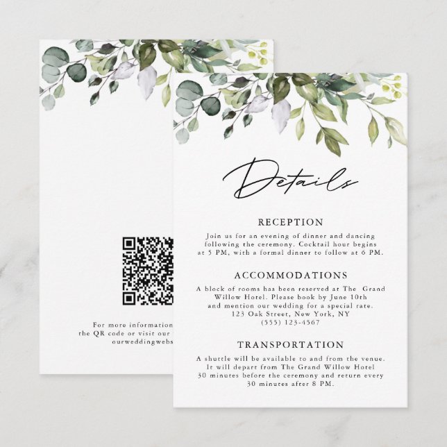 Tarjeta De Recepción Código QR de Boda con Verde de Eucalipto Simple (Anverso / Reverso)