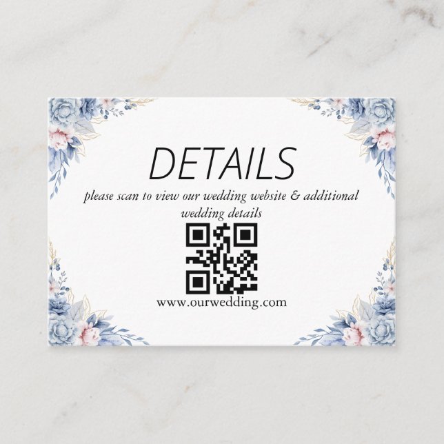 Tarjeta De Recepción Código QR de boda floral azul polvoriento (Anverso)