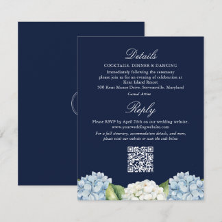Tarjeta De Recepción Código QR de Boda Floral Blanco Hortensia Azul Mar