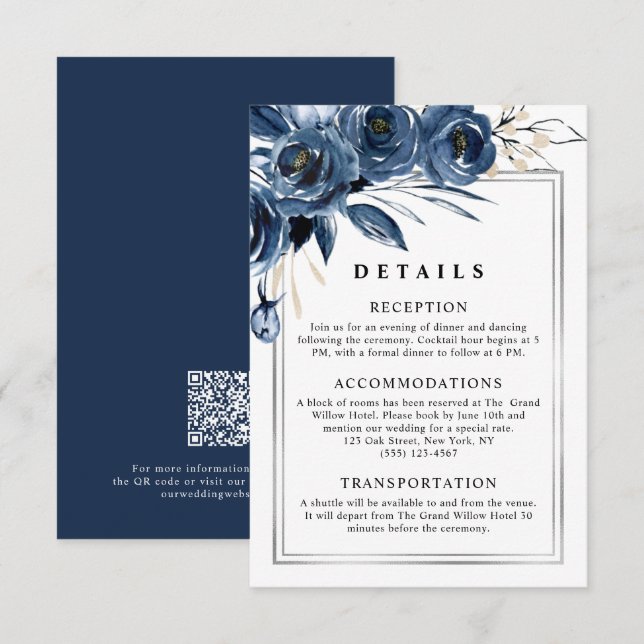 Tarjeta De Recepción Código QR de Boda Moderno Simple Azul Marineroy Pl (Anverso / Reverso)