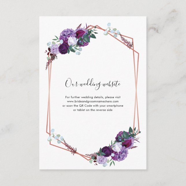 Tarjeta De Recepción Código QR de Boda morado de flores (Anverso)