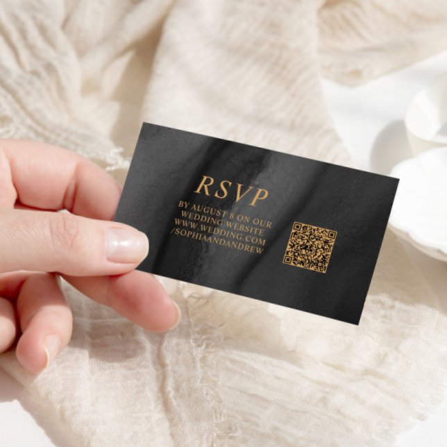 Tarjeta De Recepción Código QR de Boda negro y dorado RSVP (Subido por el creador)