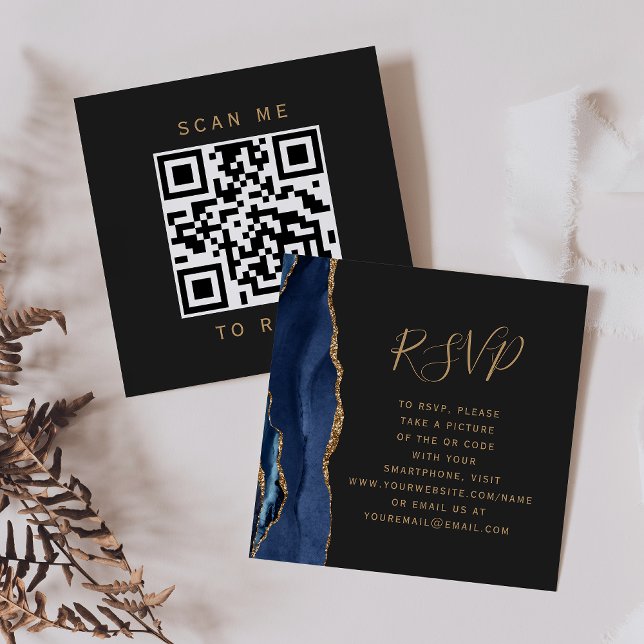 Tarjeta De Recepción Código QR de boda oscuro de ágata dorada azul mari (Subido por el creador)