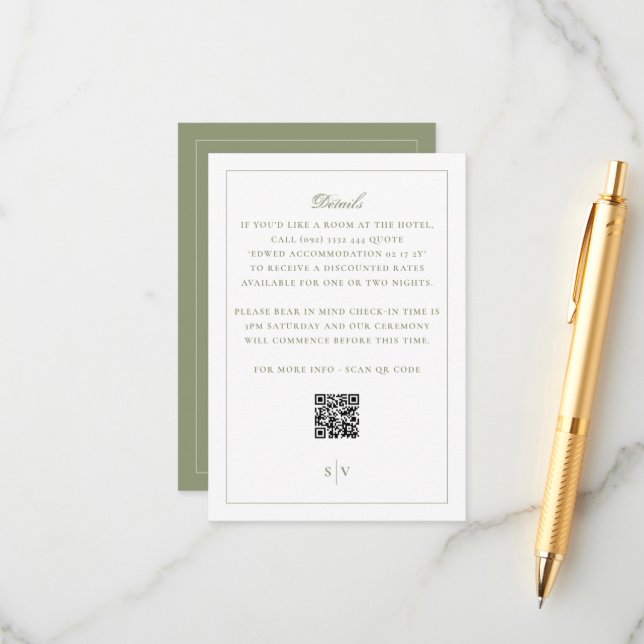Tarjeta De Recepción Código QR de Boda Verde Musgo Formal (Anverso/Reverso In Situ)