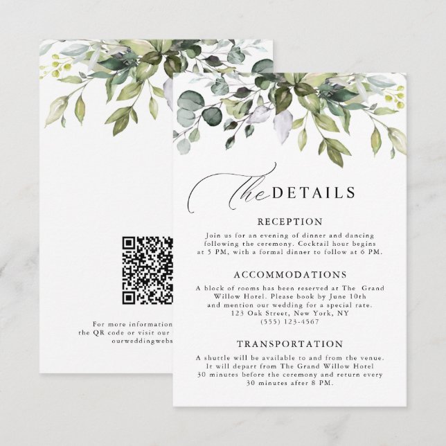 Tarjeta De Recepción Código QR de Bodas con Vegetación de Eucalipto en  (Anverso / Reverso)