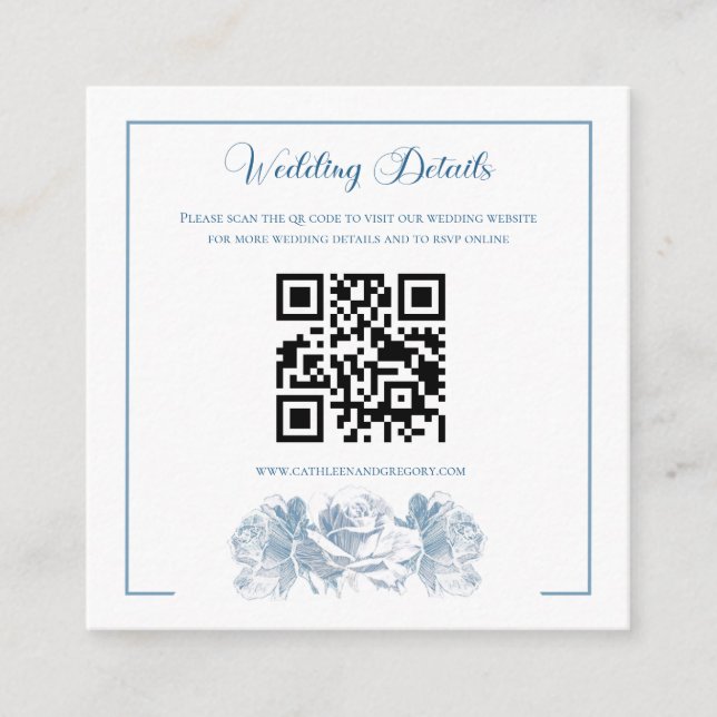 Tarjeta De Recepción Código QR de Caligrafía Azul Polvoriento para Boda (Anverso)