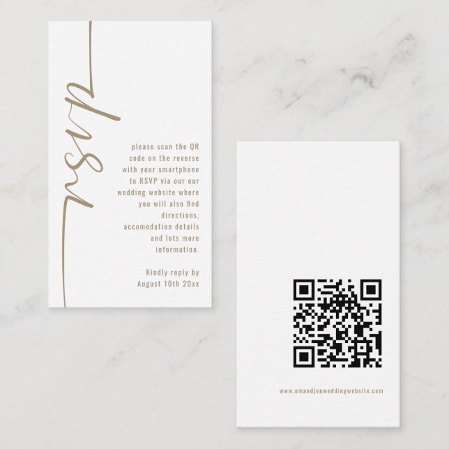 Tarjeta De Recepción Código QR de Caligrafía Champagne Oro Boda RSVP  (Anverso / Reverso)