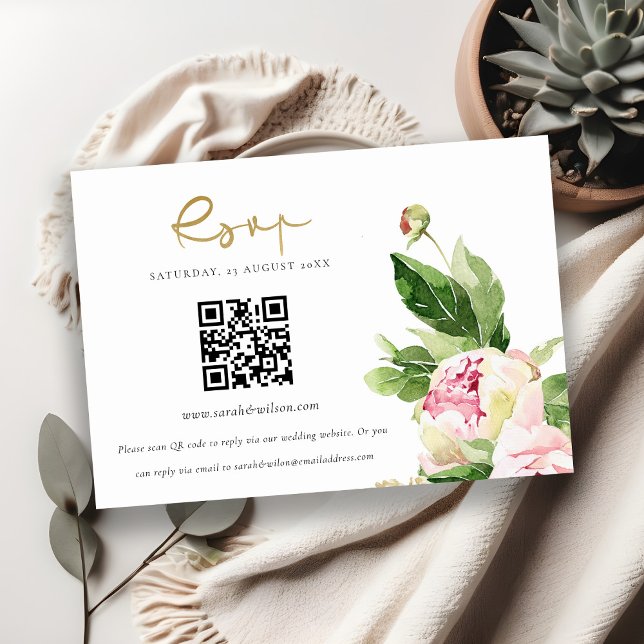 Tarjeta De Recepción Código QR de confirmación de boda floral de peonía (Subido por el creador)