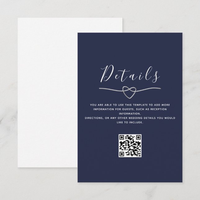 Tarjeta De Recepción Código QR de detalles de boda azul marino (Anverso / Reverso)