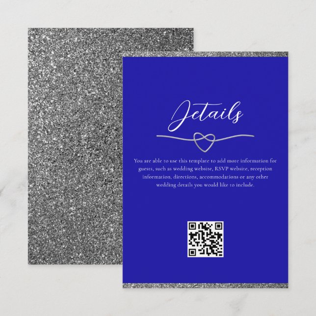 Tarjeta De Recepción Código QR de Detalles de Boda Azul Real (Anverso / Reverso)