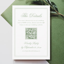 Tarjeta De Recepción Código QR de Detalles de Boda Blanco y Verde Salvi