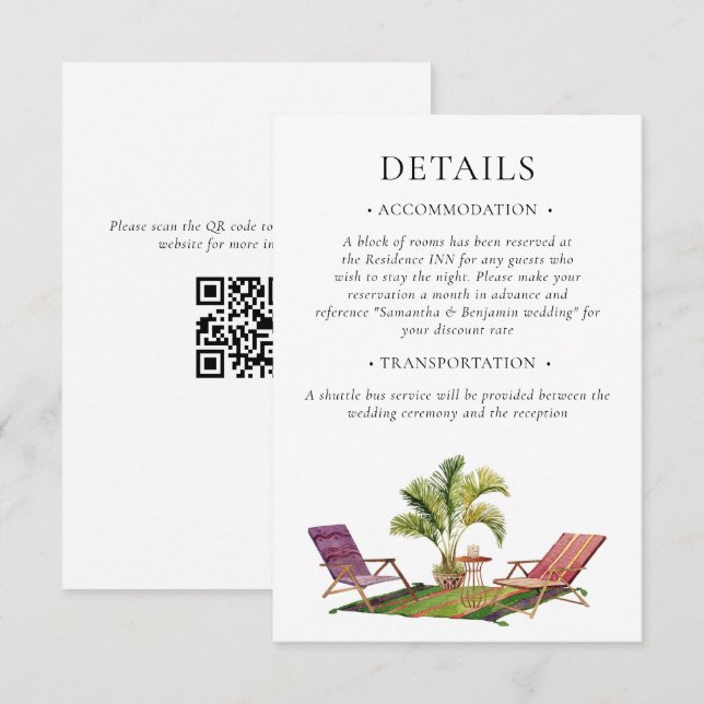 Tarjeta De Recepción Código QR de detalles de boda de palmera tropical (Anverso / Reverso)