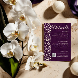 Tarjeta De Recepción Código QR de detalles de boda floral púrpura
