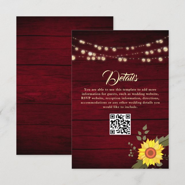 Tarjeta De Recepción Código QR de detalles de la boda del girasol (Anverso / Reverso)