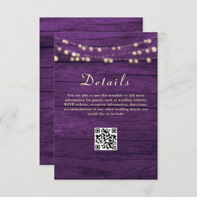 Tarjeta De Recepción Código QR de detalles de la boda morada (Anverso / Reverso)