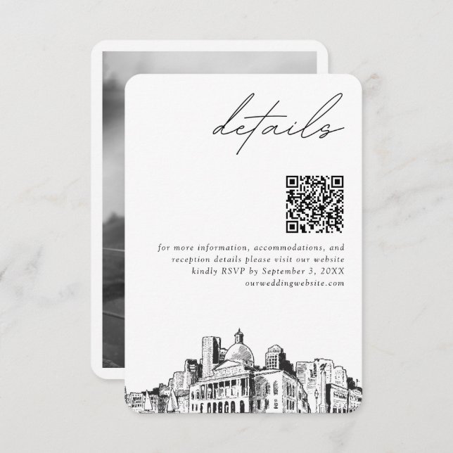 Tarjeta De Recepción Código QR de detalles modernos de boda en Boston (Anverso / Reverso)