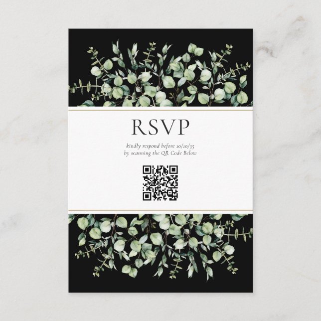 Tarjeta De Recepción Código QR de Eucalipto Negro Boda RSVP (Anverso)