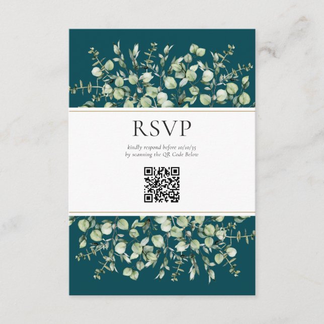 Tarjeta De Recepción Código QR de Eucalyptus verde azulado Boda RSVP (Anverso)